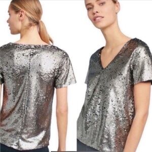 Anthropologie Anthro Vanessa Virginia Sequin V-neck Top Black Silver‎ Size M